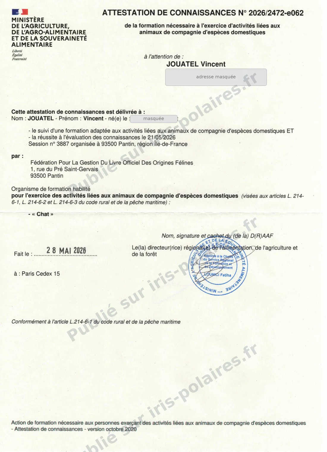 Attestation de connaissances ACACED de Vincent Jouatel, catégorie chat, n° 2026/2472-e062, délivrée le 28 mai 2026