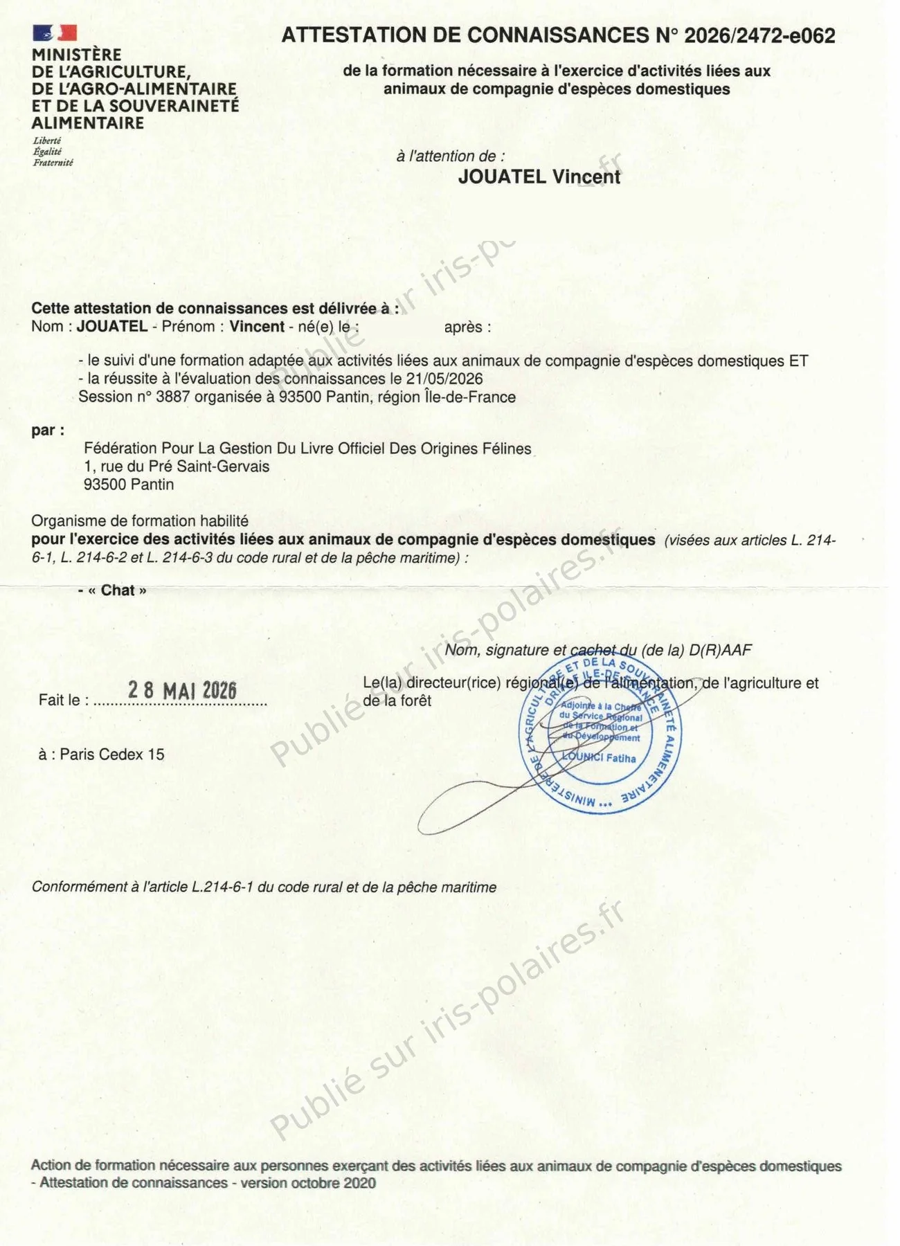 Attestation de connaissances ACACED de Vincent, domaine chat, données personnelles masquées
