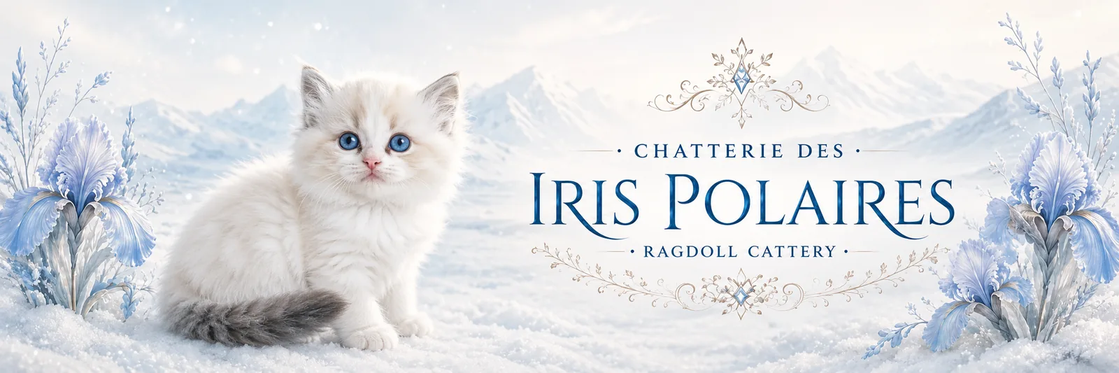 Chaton Ragdoll aux yeux bleus dans la neige — bandeau de la Chatterie des Iris Polaires