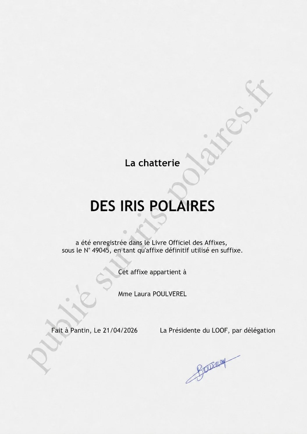 Certificat d'enregistrement LOOF de l'affixe des Iris Polaires, n° 49045