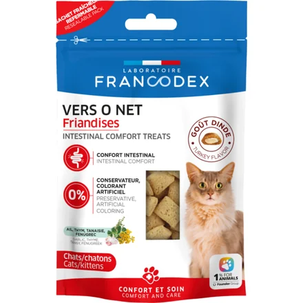 Francodex Vers O Net, friandises confort intestinal pour chats et chatons, sachet de 65 g