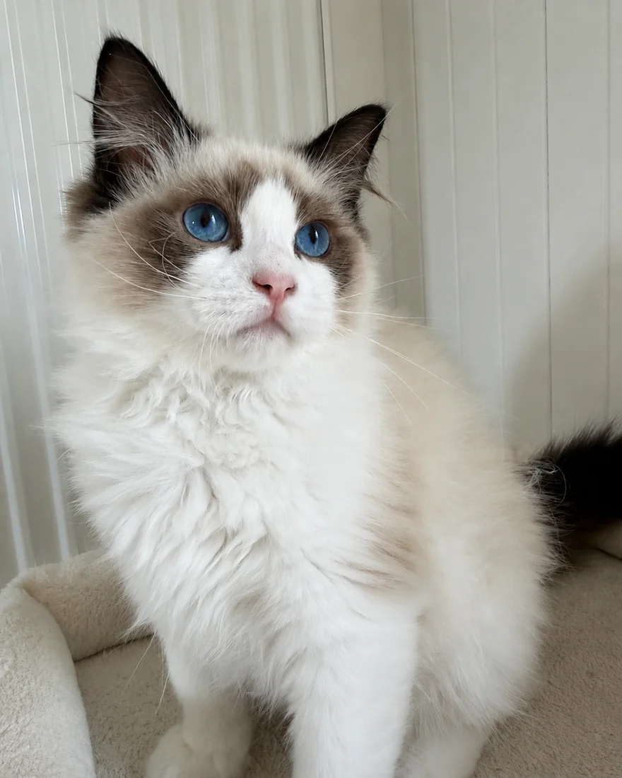Royaume d’Élégance Bijou, jeune mâle Ragdoll seal bicolore assis, masque en V inversé et yeux bleus
